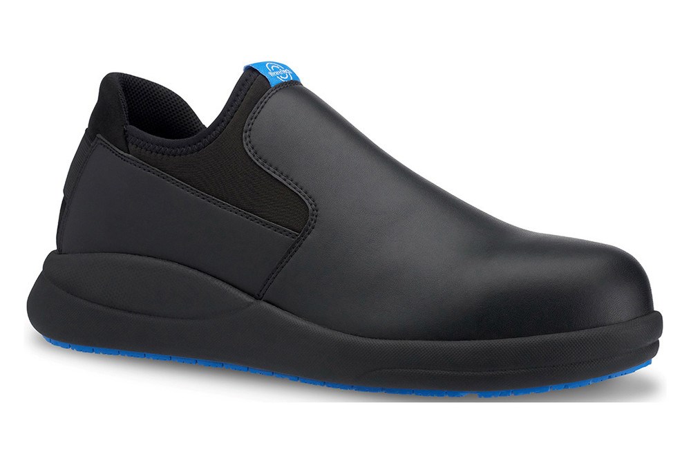 Vitalise Safety Toe microfibre slip-on steel toe cap shoe, Black Upper/Black Sole, with Modular Insole Technology