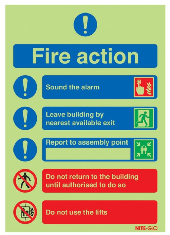 Glow in the Dark Fire Action Notice (Symbolised) Safety Sign