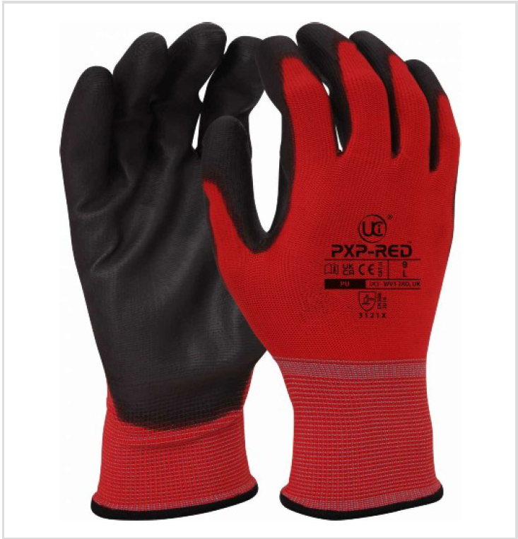 PXP-RED Black PU palm coating on a red polyester shell.